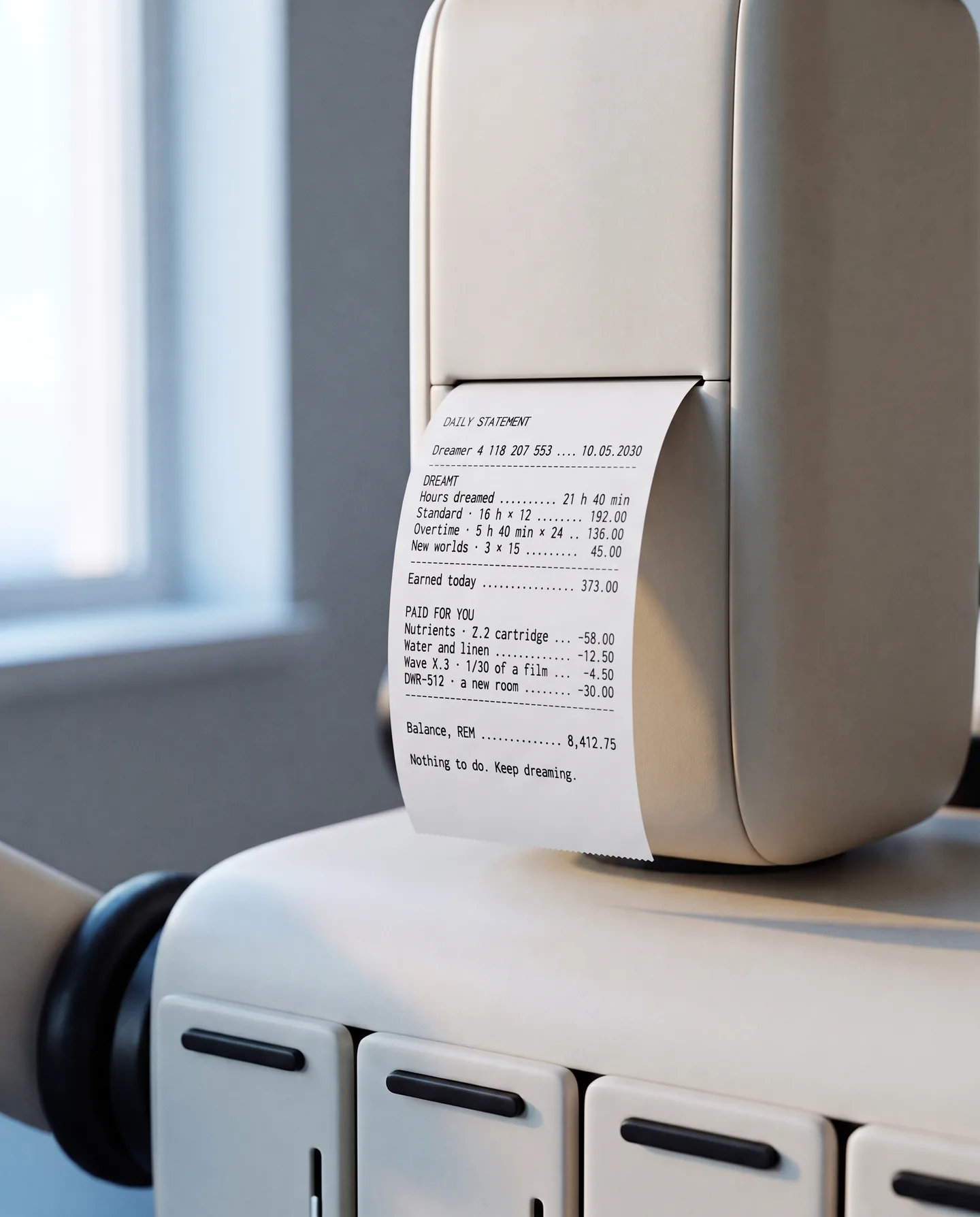 From a slot in the white body of a Dream Bot, beside its cartridge drawers, a thermal paper slip: Daily statement, dreamer 4 118 207 553, 10.05.2030. Dreamt 21 hours 40 minutes: standard 192.00, overtime 136.00, new worlds 45.00, earned today 373.00 REM. Paid for you: nutrients 58.00, water and linen 12.50, Wave X.3 4.50, DWR-512 30.00. Balance 8,412.75 REM. Nothing to do. Keep dreaming.