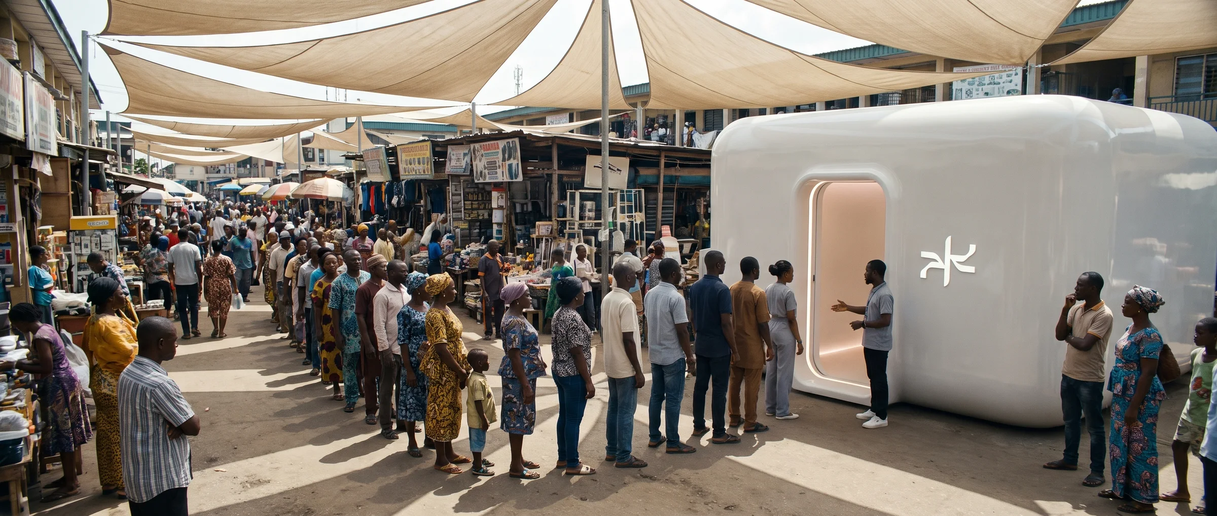 A Dream Wave placement center in Lagos: a white ceramic pavilion with the Dream Wave symbol.