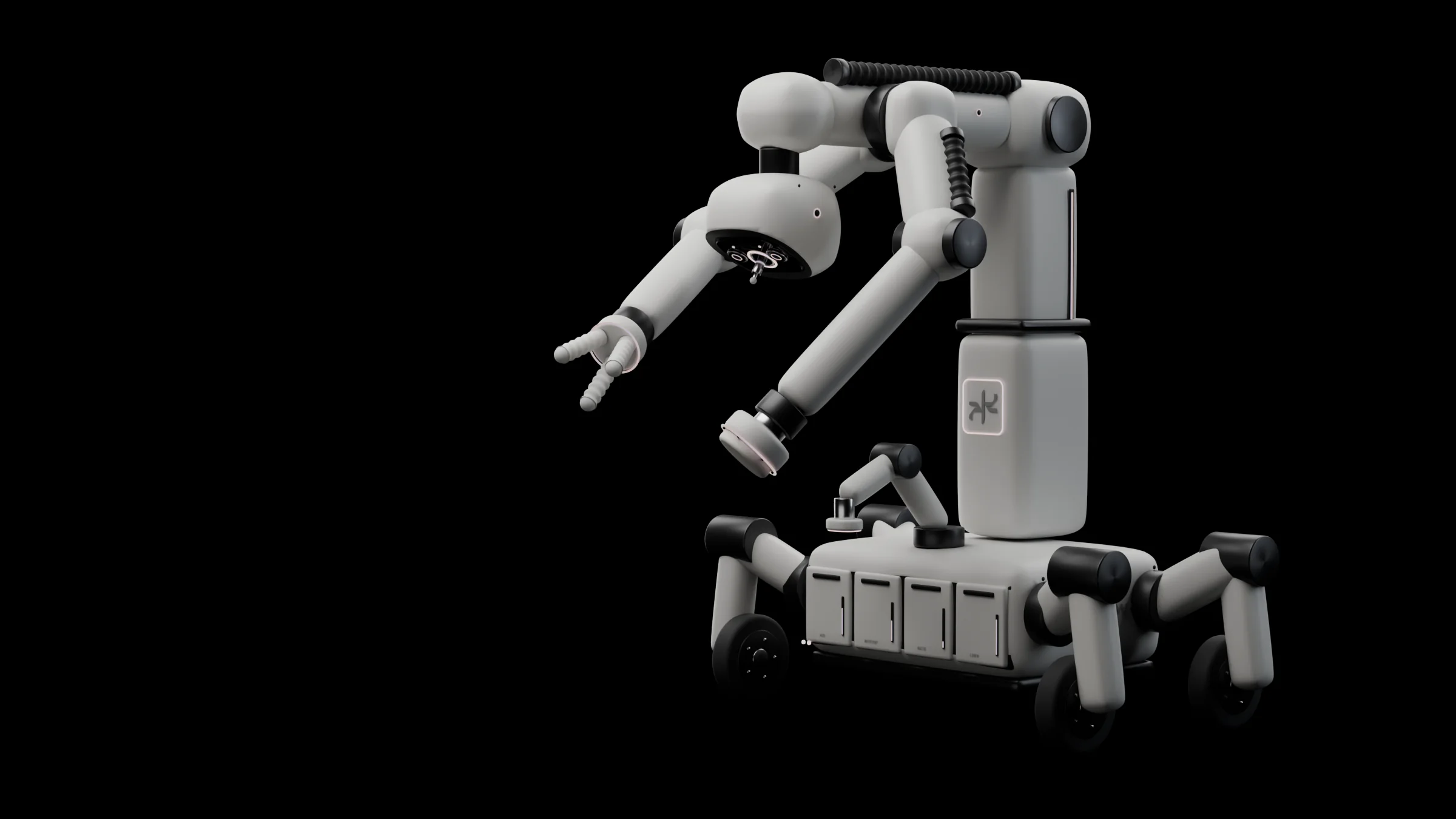 Dream Bot Z.2: a white care platform on four wheeled legs. A telescopic column rises from its back and a boom reaches forward; the sensor head hangs from its tip. Two arms hang from the boom, one with a soft silicone hand, one with a wash head. A short third arm rises from the base, and four cartridges line its front.