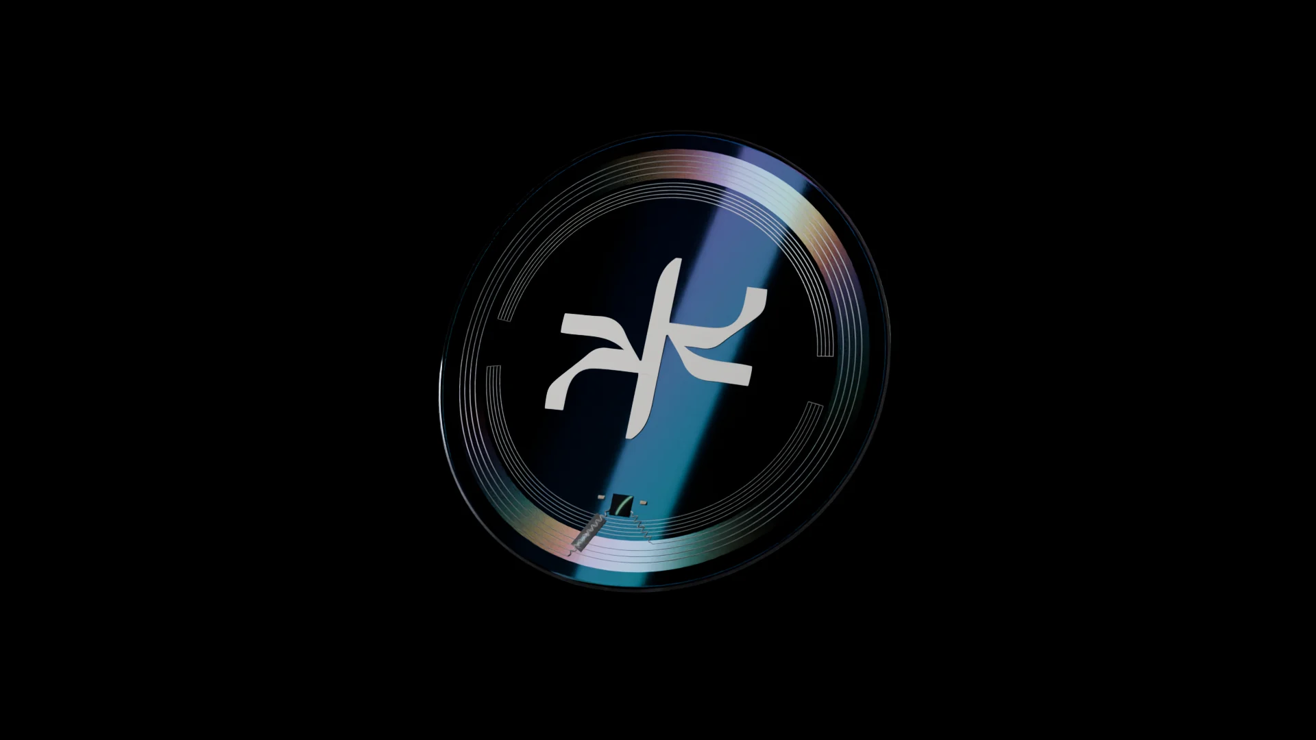 Dream Wave X.3, a clear round film floating on black, the symbol printed in white at its centre and a rainbow ring near its edge.
