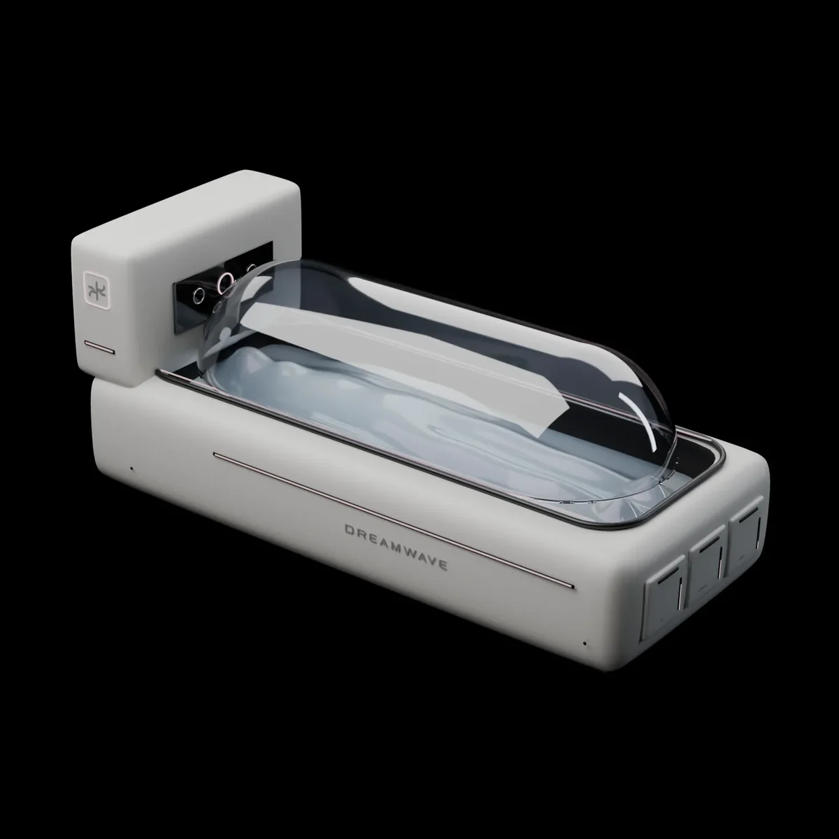 Dream Bot Z.3 Cradle: a white plinth holding a long smoked-glass canopy over a bed of pale gel.